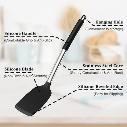 TeamFar Cooking Utensils Set, 5 PCS Silicone Kitchen Utensils with Stainless Steel Handle, for Nonstick Cookware Flipping Frying Turning Draining, Heatproof & Healthy, Nonstick & Easy Clean, Black - Image 3