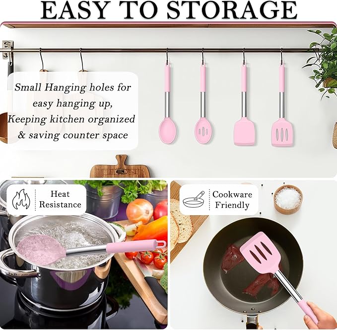 TeamFar Kitchen Utensils, 4 PCS Silicone Cooking Utensils Spatula Spoon Set with Stainless Steel Handle, for Frying Mixing Draining Turning, Healthy & Heat-proof, Non-stick & Dishwasher Safe - Pink - Image 4