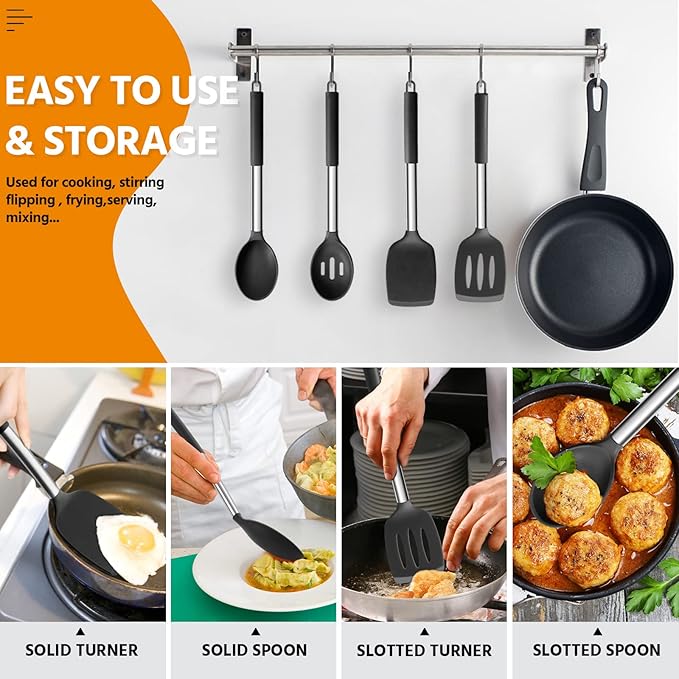 E-far Cooking Utensils Set of 4, Silicone Kitchen Utensils for Non-stick Cookware, Heat Resistant & Non-toxic Slotted Spatula Solid Spoon Turner for Flipping Mixing Serving Basting(Black) - Image 5