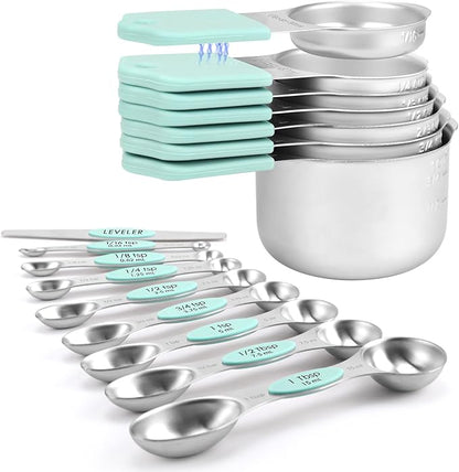 Magnetic Measuring Cups and Spoons Set-Heavy Duty 304 Stainless Steel，Double Measurement Markings，Set of 16 with Leveler for Measure Dry and Liquid Ingredients (Mint) by HOUJIP
