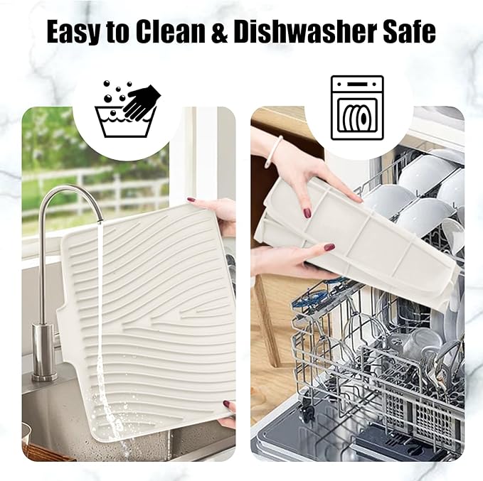 TIKNIK Silicone Dish Drying Mat, Stone Drying Mat for Kitchen Counter with Built-In Drain, Non-Slip Drain Pad with Built-in Drain, Heat Resistant Stone Drying Mat, Hangable, Cream-2pcs, 20" x 15" - Image 4