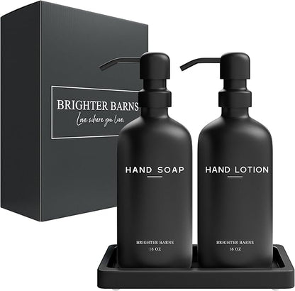 Black Glass Soap and Lotion Dispenser Set with Tray by Brighter Barns - Hand Soap Dispenser Bathroom Set & Stainless Steel Pump for Home - Modern Bathroom Accessories, Modern Decor (Black) - Image 8