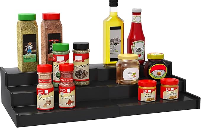Lenwi Spice Rack Organizer for Cabinet, 3 Tier Expandable Bamboo Spice Storage for Kitchen Cupboard Pantry, Black by Lenwi