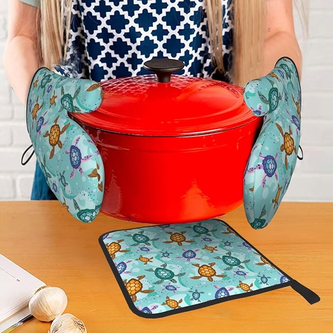 Cute Sea Turtle Beach Oven Mitts and Pot Holders Set Ocean Themed Decorative Heat Resistant Microwave Oven Gloves for BBQ Baking Grilling Cooks Kitchen Decor 3 Piece - Image 7