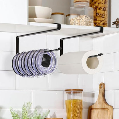 Tumbler Lid Organizer Under Cabinet, Tumbler Lid Storage Hook Up to 10 Lids, Cup Lid Holders Space Saving Tumbler Lid Hanger for Kitchen Storage, Horizontal Paper Towel Hanger (Black)