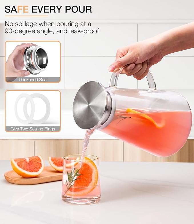 LUNA&MANTHA Glass Pitcher, 2 Liter 68oz Water Pitcher with lid and Handle, Large Ice Tea Jug for Fridge, Borosilicate Glass Carafe for Hot/Cold Drink, Juice, Coffee, Milk, Beverage - Image 2