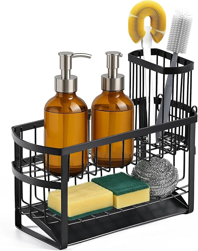 Kitchen Sink Organizer Caddy, 2 Tier Sink Caddy Organizer with High Brush Holder, Rust-Proof Countertop Rack (Black 10.6 * 4.3 * 5.7") for Kitchen Accessories & Dish Brushes - Image 8