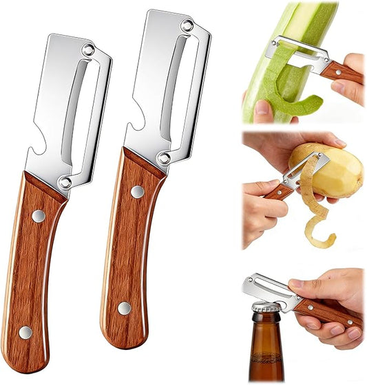 2pcs Multi-Functional Vegetable Peeler for Kitchen, Ultra-Sharp Stainless Steel Blade with Bottle Opener and Wooden Handle, Peelers for Fruit Apple Potato Pumpkin Papaya by Unknown