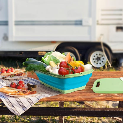Gintan Camping Cutting Board, 9-in-1 Collapsible Chopping Board with Colander, Kitchen Vegetable Washing Basket for Camping, Camping Gifts Camping essentials for RV Campers (Blue Green)