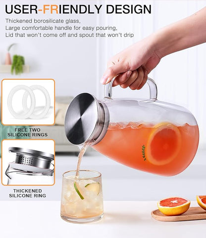 LUNA & MANTHA 2 Liter 68oz Water Pitcher with Handle and Spout, Glass Pitcher with Lid for Fridge, Borosilicate Glass for Sangria, Iced Tea, Juice, Cold/Hot Beverage, Large Jug with 2 Silicone Rings - Image 2