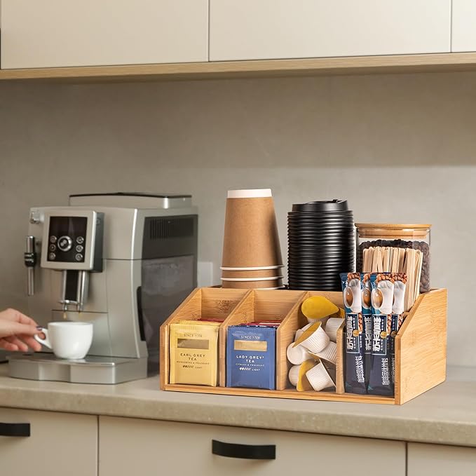Bamboo Coffee Station Organizer for Countertop, Coffee Bar Accessories Organizer with 6 Compartments for Tea Bags Condiment, Pods, Creamer, Stirrer, Syrup, Cups - Image 6