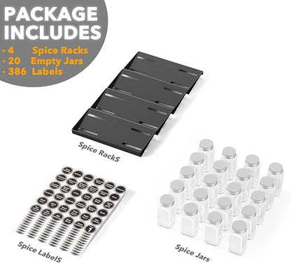 SpaceAid Spice Drawer Organizer with 20 Spice Jars, 386 Spice Labels, 4 Tier Seasoning Rack Tray Insert for Kitchen Drawers, 9-1/2" Wide x 17-1/2" Deep - Image 5