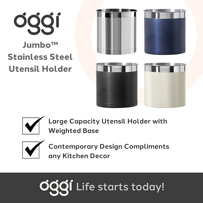 Oggi Stainless Steel Jumbo Utensil Holder - 7" Utensil Caddy, Weighted Base for Stability - Extra Large Utensil Crock and Countertop Utensil Organizer, Olive - Image 7