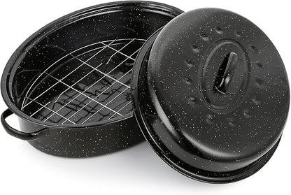 18” Roaster Pan with Lid and Rack, Large Enamel Roaster Pan with Oval Roasting Rack, Granite Baking Pot for Chicken Turkey Lamb, Heat Resistant, Oven/Dishwasher/All Stovestops Compatible