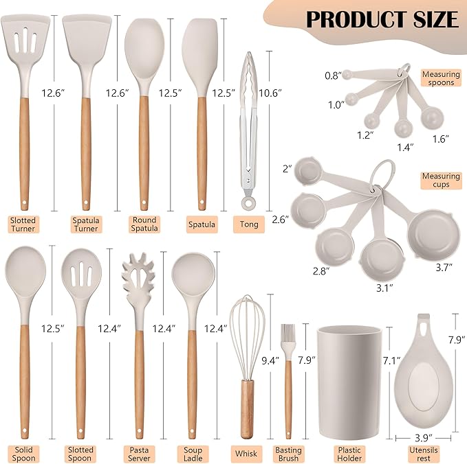 HaWare Kitchen Cooking Utensils Set, 23-Piece Silicone Kitchen Utensils Spatula Set with Holder, Heat Resistant Wooden Handle Kitchen Gadget for Nonstick Cookware, Food-grade Turner Spoon Sets (Khaki) - Image 2