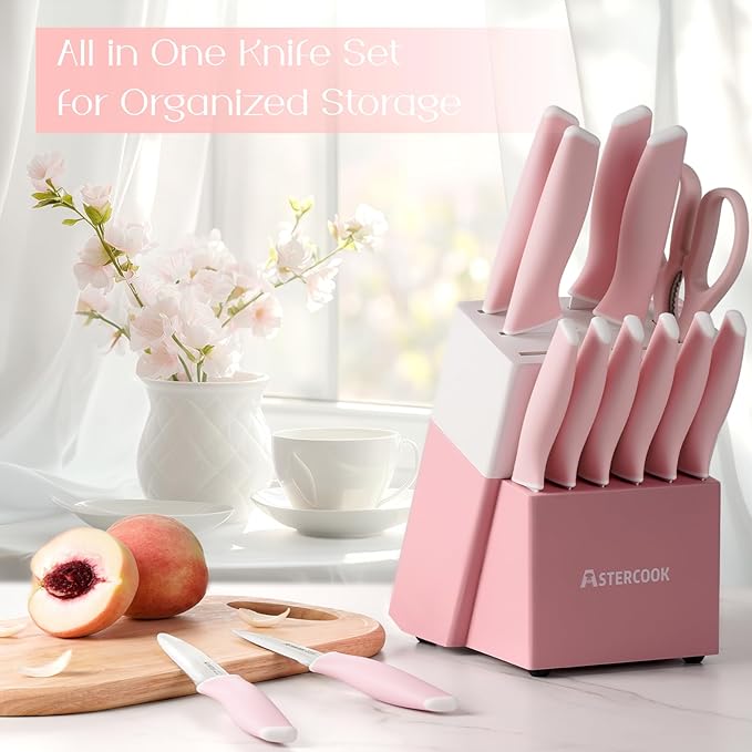 Astercook Knife Set, Kitchen Knives Set with Block and Sharpener 15 Pcs German Stainless Steel Knives Sharp Blade Dishwasher Safe Deba Knives with Ergonomic Handle, Crystal Pink Mothers Day Gifts - Image 4