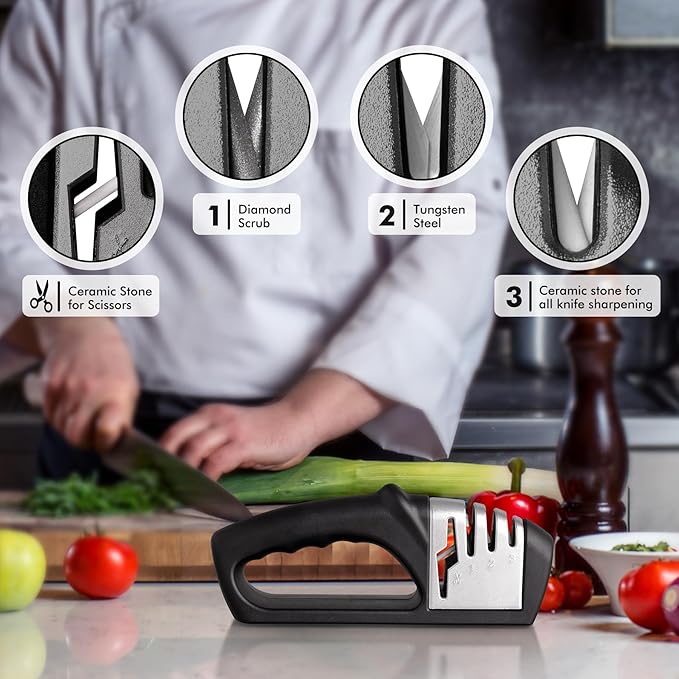 HOTEC 4in1 Knife Sharpener, 3 Stage Manual Sharpener for Sharpening Kitchen Knives 1 Stage for Scissors- Ceramic Stone, Tungsten Carbide Plates, Diamond rods - Image 3