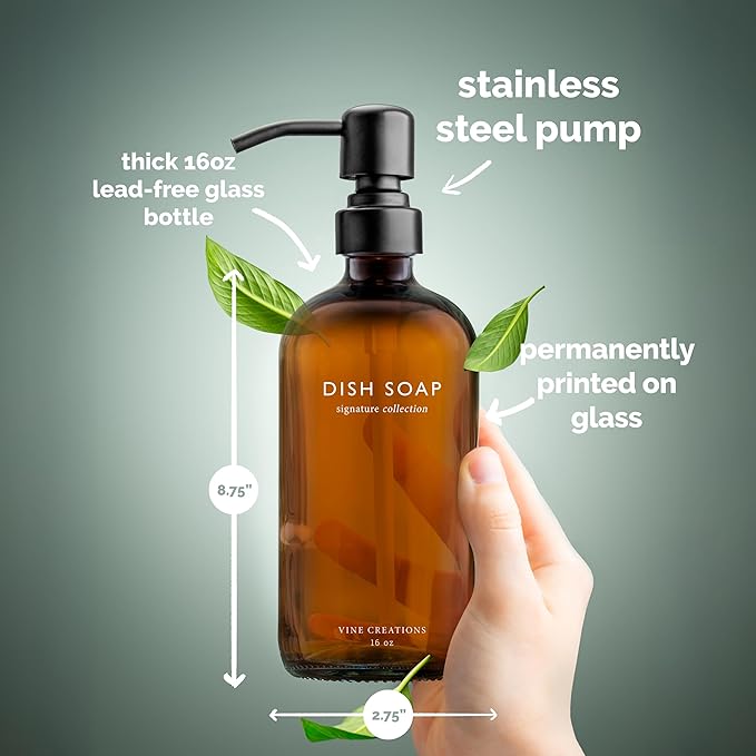 Vine Creations Amber Glass Soap Dispenser Set, Dish Soap and Hand Soap Dispenser Set with Stainless Steel Pump, 16 oz Glass Dispensers for Kitchen or Bathroom Decor (Amber Bottle/Matte Black Pump) - Image 5