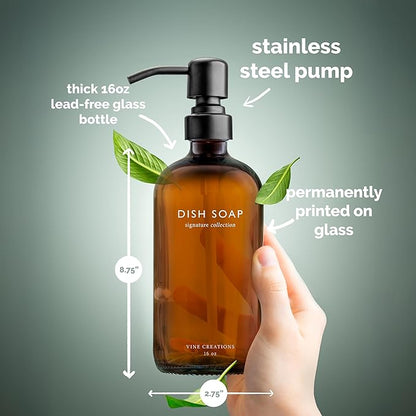 Vine Creations Amber Glass Soap Dispenser Set, Dish Soap and Hand Soap Dispenser Set with Stainless Steel Pump, 16 oz Glass Dispensers for Kitchen or Bathroom Decor (Amber Bottle/Matte Black Pump) - Image 5