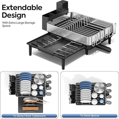 Urackify Dish Drying Rack for Kitchen Counter - Stainless Steel Dish Drainer with Drain Board, Removable Utensil Holder, Rust-Proof Plate, Non-Slip Feet, Large Capacity for 10 Plates 6 Bowls 4 Cups - Image 5