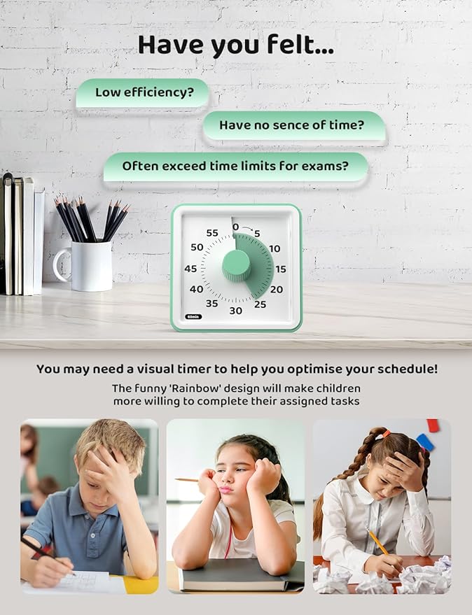 LIORQUE Visual Timer for Kids, 60-Minute Countdown Timers for Classroom Office Kitchen with Silent Operation, Kids Timer for Teaching (Batteries Included) - Image 4