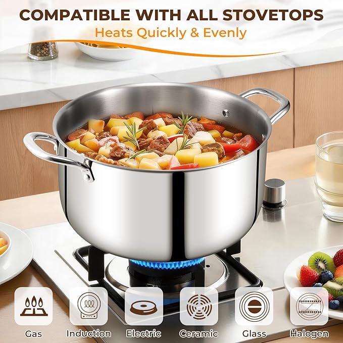 Tri-Ply Stainless Steel Stock Pot, 12 Quart Heavy Duty Induction Cooking Pot with Visible Lid for Pasta, Soup, Spaghetti, Sturdy & Double Handle, Dishwasher Safe - Image 3