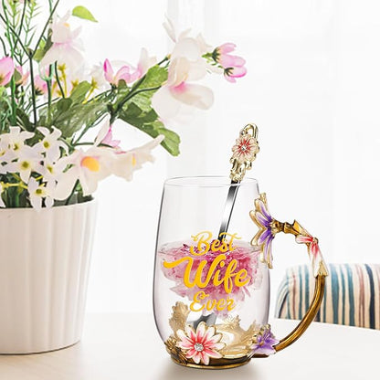 OEAGO Gifts for Wife from Husband Romantic Tea Cup Gifts for Her Birthday Flower Glass Mugs Wedding Mothers Day Christmas Anniversary - Image 4