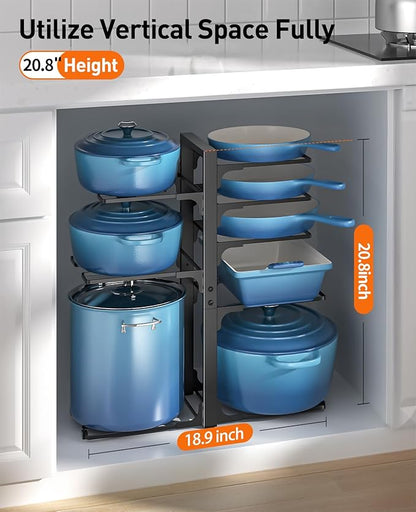 ORDORA Pots and Pans Organizer: under Cabinet, 20.8" Height Heavy Duty 120LBS Pots Pans Organizer Rack for under Cabinet 8-Tier Adjustable for Big Stockpots, Dutch Oven, Cast-iron Pans, Heavy Cookware - Image 2
