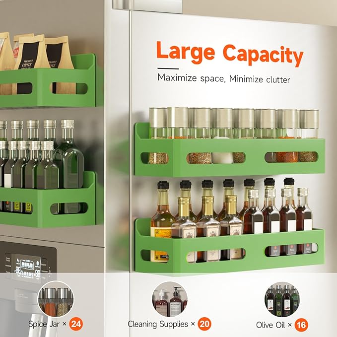 Sevenblue 4 Pack Strong Magnetic Spice Rack for Refrigerator, Multipurpose Magnetic Shelf for Fridge with 4 Hooks for kitchen and Bathroom Organization, Green - Image 4