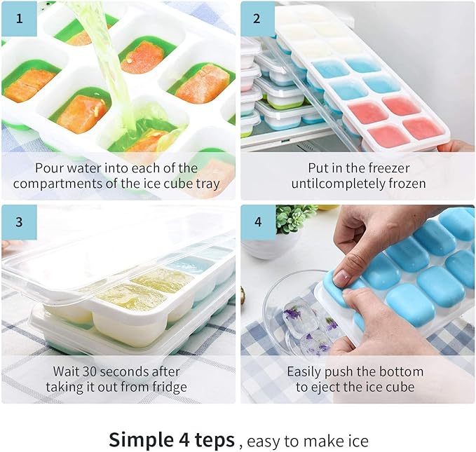 Ice Cube Tray with Lids BPA Free, 4 Pack - 56 Ice Flexible Easy Release Silicone Ice Tray for Freezer Stackable No Spill Ice Tray Dishwasher Safe for Cocktail, Whiskey, Fruit, Blue & Green