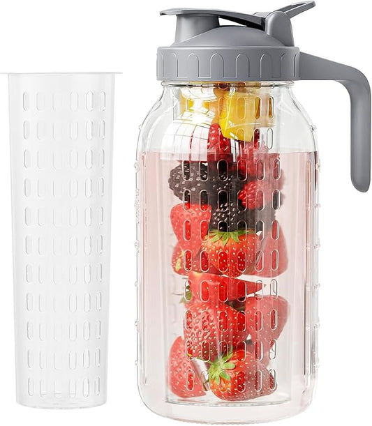 JunVpic Glass Mason Jar Pitcher, 64oz (2 Quart) Wide Mouth Jug with Dual Leak-Proof Pour Spout, Handle Lid for Fruit Drinks, Cold Brew Coffee, Ice Beverage, Iced Juice, Lemonade, Sun Tea Container by Junvpic