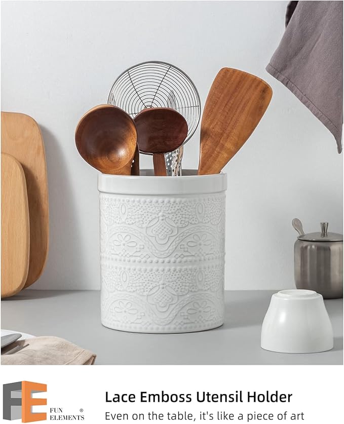 FUN ELEMENTS Kitchen Utensil Holder, 7.2" Super Large Utensil Crock Heavy and Stable Lace Emboss Ceramic Utensil Holder for Kitchen Counter (Bright White) - Image 2