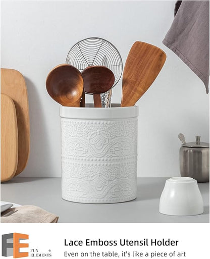 FUN ELEMENTS Kitchen Utensil Holder, 7.2" Super Large Utensil Crock Heavy and Stable Lace Emboss Ceramic Utensil Holder for Kitchen Counter (Bright White) - Image 2