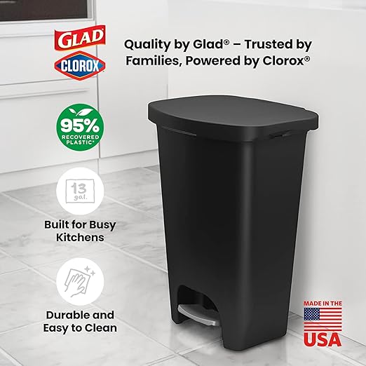 Glad 13 Gallon Trash Can | Plastic Kitchen Waste Bin with Odor Protection of Lid | Hands Free with Step On Foot Pedal and Garbage Bag Rings, Black - Image 6