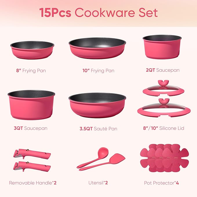 CAROTE 15pcs Pots and Pans Set Non Stick, Cookware Set Non Toxic with Detachable Handle, Induction Kitchen Cooking Set, Dishwasher/Oven Safe, RV/Camping Cookware - Image 2
