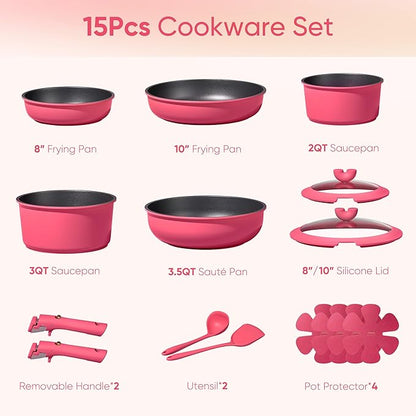 CAROTE 15pcs Pots and Pans Set Non Stick, Cookware Set Non Toxic with Detachable Handle, Induction Kitchen Cooking Set, Dishwasher/Oven Safe, RV/Camping Cookware - Image 2