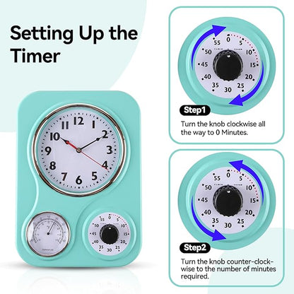 Lily's Home - 9.5 Inch x 12.5 Inch - Retro Kitchen Wall Clock, Vintage Wall Clock with a Thermometer and 60-Minute Timer, Ideal for Any Kitchen, Office, or Diner (Turquoise)