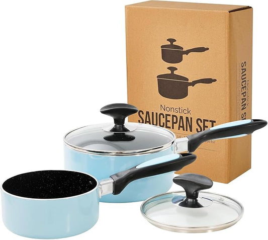 Nonstick Saucepan Set with Lid, Non Stick 1Qt & 2Qt Sauce Pan Set with Glass Lid Small Pot for Home Kitchen by HooJay