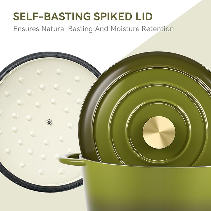 Miereirl 4.5 Quart Enameled Dutch Oven Pot with Lid, Cast Iron Dutch Oven with Dual Handles for Bread Baking, Cooking, Non-stick Enamel Coated Cookware, Golden Green - Image 3