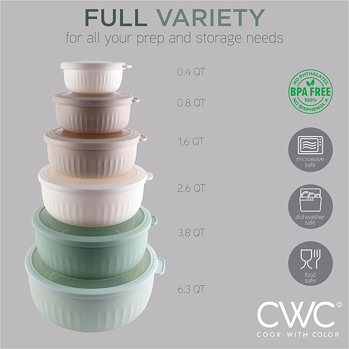 COOK WITH COLOR Prep Bowls with Lids- Wide and Deep Nesting Plastic Small Mixing Bowl Set with Lids, 12 Piece Set - Wide Bowls, Mint - Image 3
