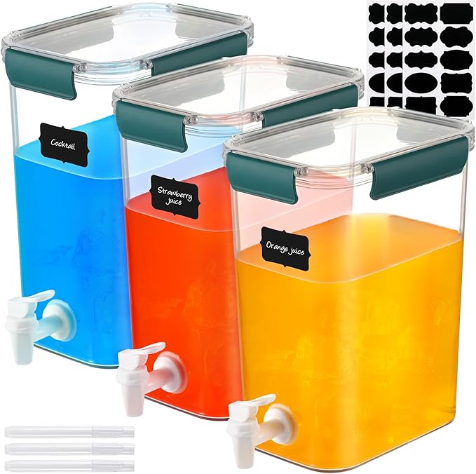 Mumufy 3 Set Plastic Drink Dispensers for Parties Beverage Dispenser for Fridge with Spigot Iced Juice Lemonade Container with Labels and Pens Summer Party Supplies(1.2 Gallon,Green) by Mumufy