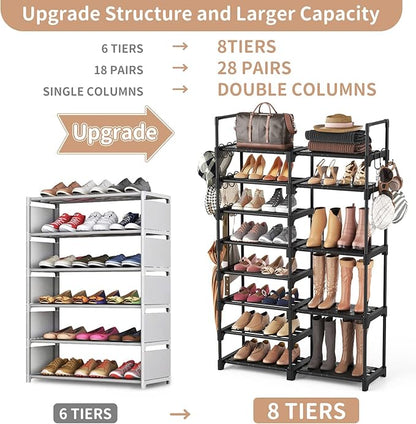 ROJASOP Shoe Rack Organizer, 8-Tier Metal Shoe Rack for Closet Entryway Garage, 26-32 Pairs Tall Shoe Boot Storage Shelf with 15 Hooks, Stackable Large Shoe Stand - Image 4