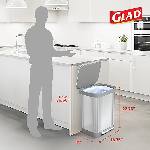 Glad Stainless Steel Step Trash Can, Series 2 with Clorox Protection - Large Metal Kitchen Garbage Bin with Soft Close Lid, Foot Pedal and Waste Bag Roll Holder, 13 Gallon - Image 2