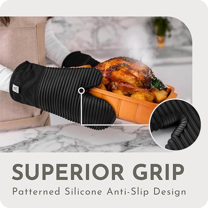 Extra Long Silicone Oven Mitts | Heat Resistant 500°F BPA-Free Food Grade Silicone Kitchen Mittens | 2-Piece Set of Oven Gloves Kitchens- Black - Image 3