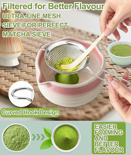 JBER Matcha Whisk Set, Ceramic Matcha Set Includes Bowl & Holder, Bamboo Whisk (Chasen), Sifter, Scoop, Spoon & Rest - 7PCS Matcha Kit Gift for Matcha Lovers & Beginners, Gradient Pink