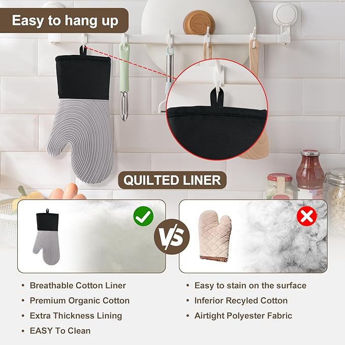 Silicone Oven Mitts-13.6 in Extended Oven Mitts Heat Resistant 500F, Oven Gloves with Soft Liner Good Grippy BPA-Free Easy to Clean Flexible-Oven Mits Set for Cooking Baking Grilling BBQ - Image 7