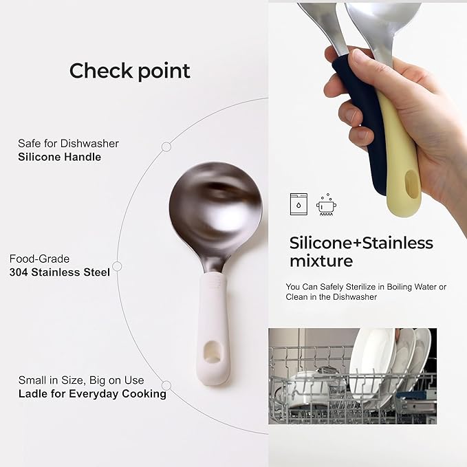 Korean Mukbang Spoon, Serving Spoon, Multipurpose Stainless Steel Ladle Silicone handle Serving Cooking Ladle 먹방 스푼,미니 국자, 서빙스푼 전현무 국자 (Yellow)