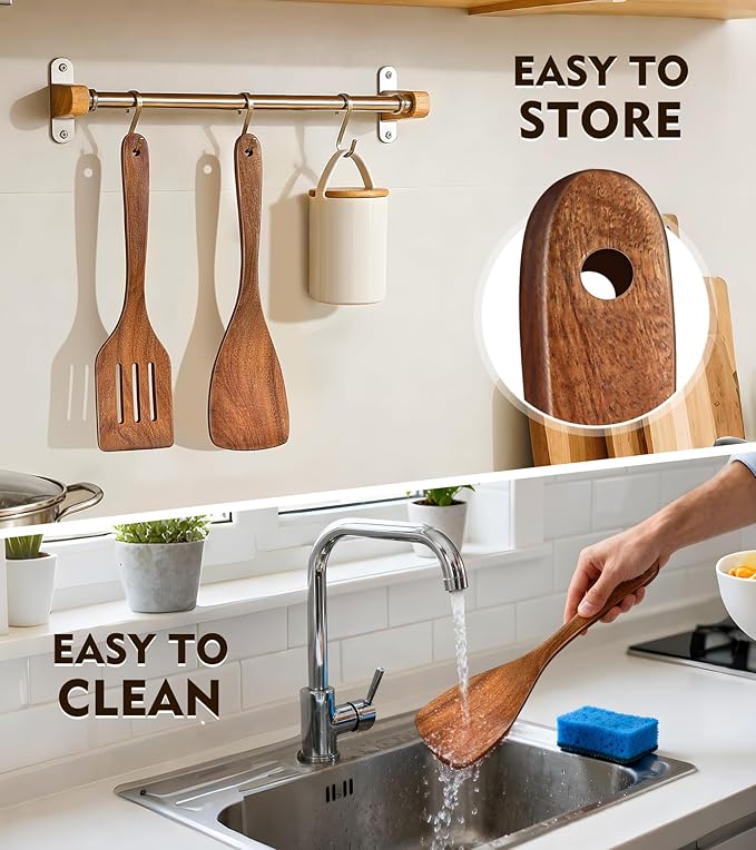 2Pcs Wooden Spatula, Acacia Wooden Spatula for Kitchen Use, Nonstick Cookware Safe Utensils Set including Turner and Slotted Turner, Ideal Cooking Utensils Gift Set for Cooking, Frying, Baking - Image 6