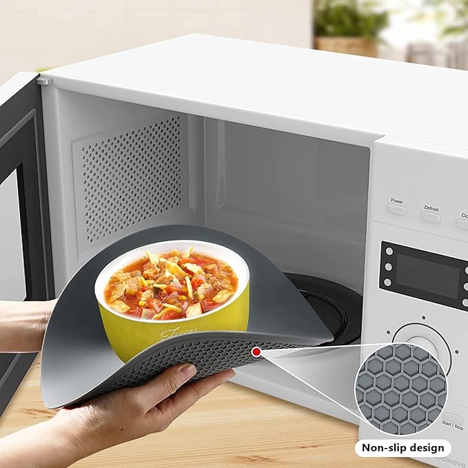 10.5" Microwave Splatter Cover for Food with 10" Mat, Collapsible & Vented Silicone Splatter Guard Lid with Handle Kitchen Gadget, Grey