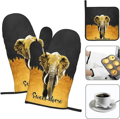 Elephant Oven Mitts and Pot Holders Sets of 3 Black Gold Hot Pads Oven Gloves Heat Resistant Non Slip Washable for Kitchen Cooking Grilling Baking - Image 3